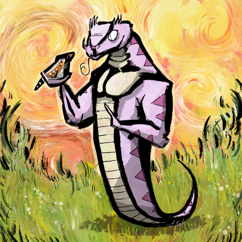 A gaboon viper naga holding a zebra finch in front of a swirly orange sky