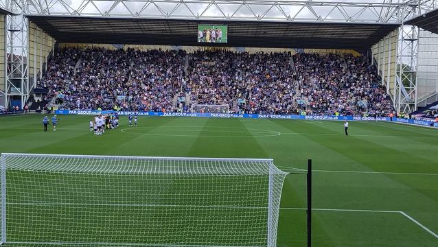 Everton football fans filling the away stand at  Preston