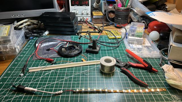 Workbench showing string of LEDs powered up