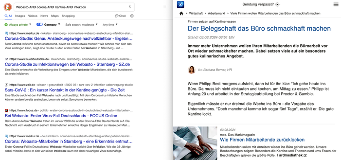 Screenshot von https://www.tagesschau.de/wirtschaft/arbeitsmarkt/homeoffice-inhouse-100.html gegenübergestellt mit Suchergebnissen zu den ersten deutschen CoVID-Fällen: https://duckduckgo.com/?q=Webasto+AND+corona+AND+Kantine+AND+Infektion