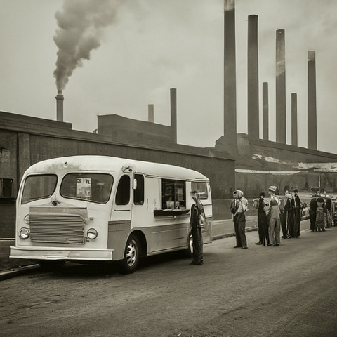 People lined-up to a lunch-wagon near an industrial factory in the 1950s or so.