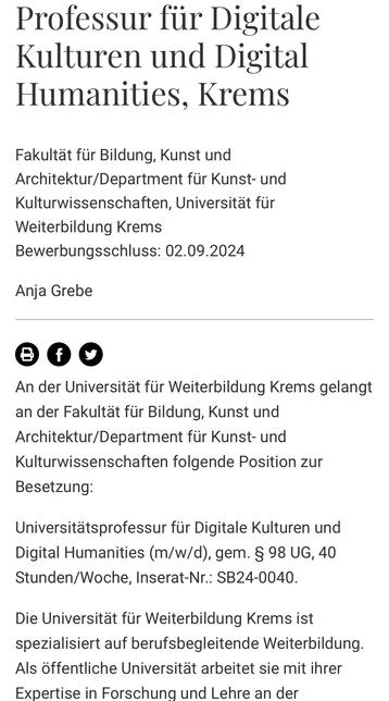 Job posting for a professorship in Digital Cultures and Digital Humanities at the University for Continuing Education Krems. Application deadline: 02.09.2024.