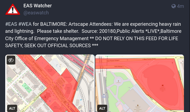 BALTIMORE: Artscape Attendees: We are experiencing heavy rain and lightning.  Please take shelter.  Source: 200180,Public Alerts *LIVE*,Baltimore City Office of Emergency Managemen