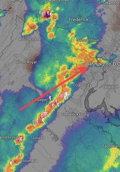 Weather radar shows a band of strong thunderstorms moving over Washington from the southwest