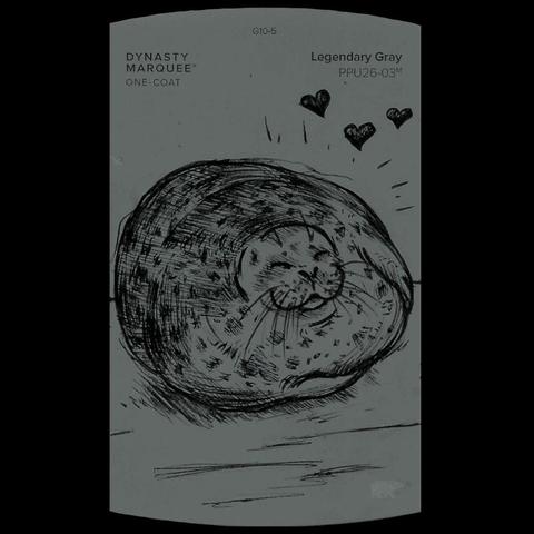 A ballpoint ink sketch for the Inktober 2023 Day 19 prompt, Plump.  It depicts a famous ringed seal, Yuki-chan from Kaiyukan Aquarium in Osaka, Japan.  Her eyes are closed and she looks relaxed and content.  Three cartoon hearts showing love are included in the upper right portion of the sketch.

It is drawn on a warm grey Behr brand paint chip; the color name is Legendary Gray.