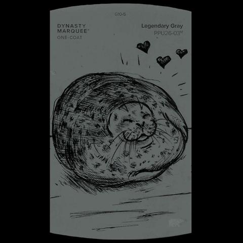 A ballpoint ink sketch for the Inktober 2023 Day 19 prompt, Plump.  It depicts a famous ringed seal, Yuki-chan from Kaiyukan Aquarium in Osaka, Japan.  Her eyes are closed and she looks relaxed and content.  Three cartoon hearts showing love are included in the upper right portion of the sketch.

It is drawn on a warm grey Behr brand paint chip; the color name is Legendary Gray.