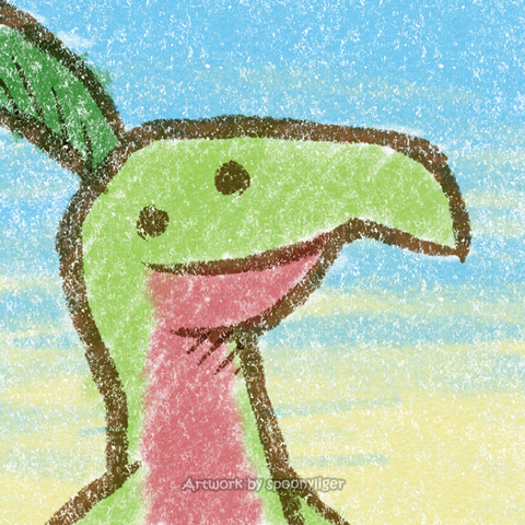 Digitally handmade profile artwork of a Grovyle Pokémon drawn in the style of artist TerminalMontage, facing forward towards the right side of the image at a 3/4 angle with a smiling expression, on a blue-to-yellow gradient background.