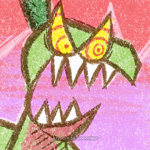 Digitally handmade profile artwork of a Grovyle Pokémon drawn in the style of artist TerminalMontage, facing forward towards the right side of the image at a 3/4 angle with a raging expression, on a red-to-pink gradient background.