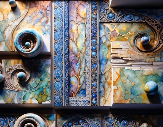 Close up detail of a wall decorated  with a central tree motif and an assemblage of border patterns and tiles in abstract, intricate patterns, with several spiral and spherical objects standing out in relief.