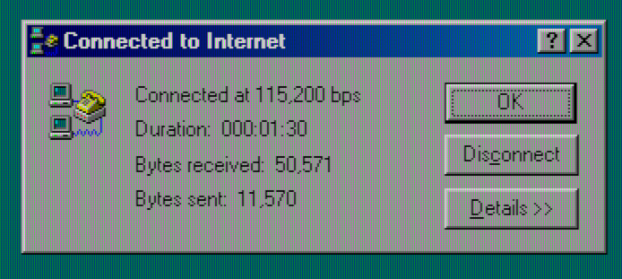 A screenshot of the dial up networking window from Windows 98SE, showing the "Connected to NetworkName" state, duration, bauds rate, as well as sent and received bytes.