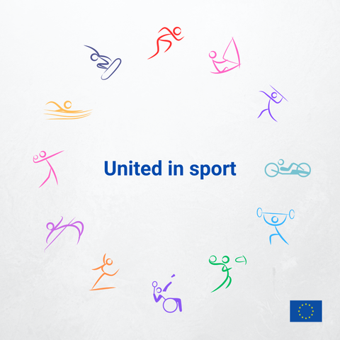 The image shows a collection of icons representing various sports activities arranged in a circle. These icons include figures engaged in swimming, running, sailing, gymnastics, weightlifting, and cycling. In the centre, there’s the text “United in sport.” On the bottom-right side is the European Union flag.