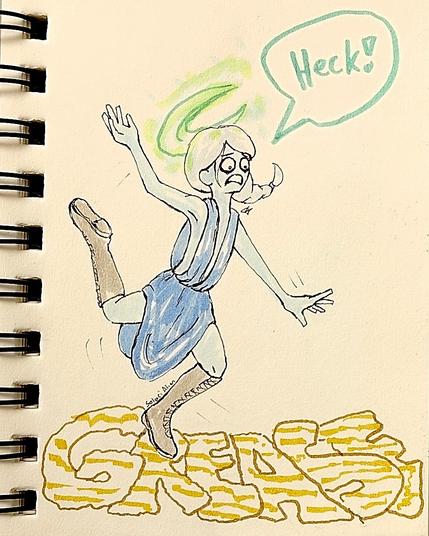 Lakium falling in her own grease drawn with markers.