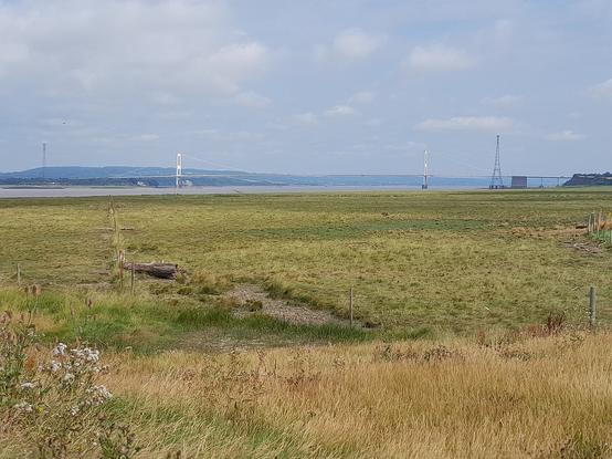Old Severn Bridge, from the salt marsh.  A suspension bridge across the Severn Estuary.  The grassy marshland is in the foreground.  The estuary is a thin track of water in the distance.  The Welsh coast is visible at the far side.