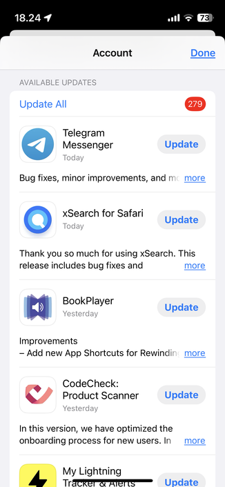 Screenshot of the App Store update page showing 279 apps available for update.
