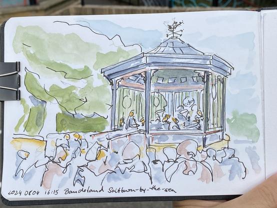 A coloured Sketch of a Bandstand with Band and Visitors.