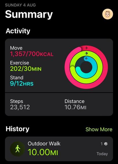 Picture of exercise app on iPhone with 23,512 steps and 10 miles indicated. Amongst other stats
