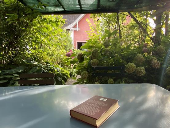 Ein Buch auf einem Tisch im Freien mit einem üppigen Garten und einem Haus im Hintergrund.