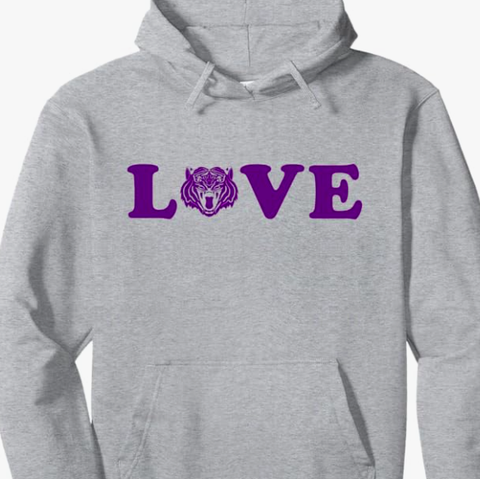 Our purple tiger love design shows a purple tiger mascot as the letter "o" in LOVE.
