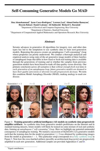 Research paper titled "Self-Consuming Generative Models Go MAD" by Sina Alemohemmad, Josue Casco-Rodriguez, Lorenzo Luzi, Ahmed Imtiaz Humayun, Hossein Babaei, Daniel LeJe