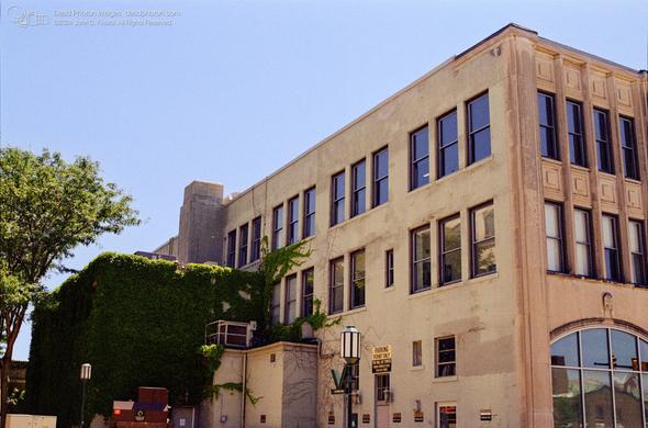 A film photograph of an old, three-story, limestone-and-yellow-brick commercial building. There are windows reflecting the sky, and ivy covers part of the structure. Built in 1928, the building was designed by renowned Detroit architect Albert Kahn.