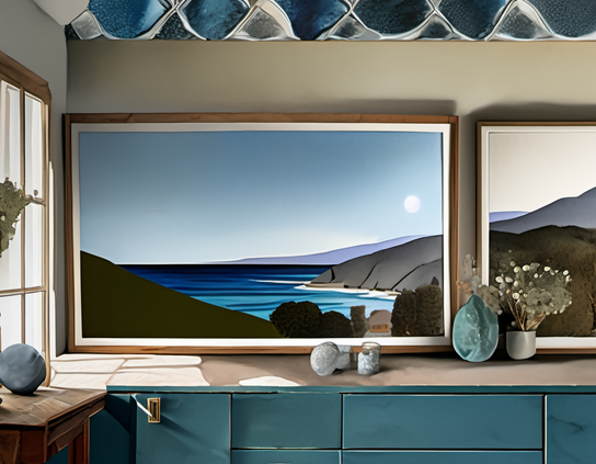 A kitchen counter over blue cabinets with two paintings showing views of water and hills, that appear at first to be windows; the actual window is to the left, over a rustic wooden table. AI impressionism style.