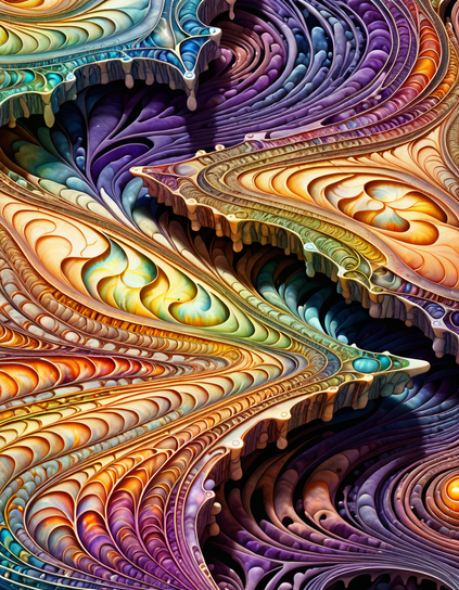 Organic and intricately patterned fractal shapes, in gradients of all colors of the spectrum, with some sections emerging out of a flat plane into 3d space. Abstract style.