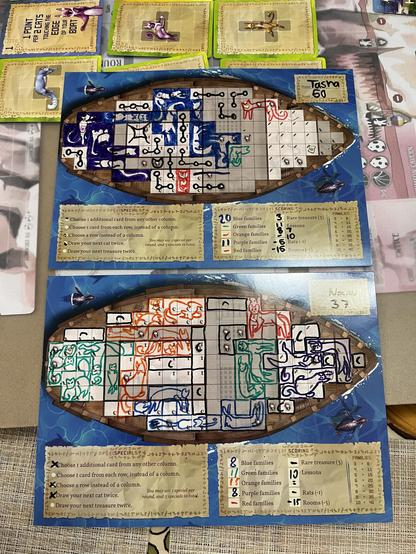 Two player boards from the game "The Isle of Cats," each with drawings of cats in different colors arranged within a ship grid. Cards and game components are present around the boards. Player scores are noted on each board.