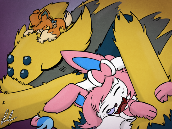 A digital drawing of three pokemon snoozing together. A tiny Pawmi with a soothe bell is sleeping on top of a shiny Galvantula. A Sylveon is happily snoring underneath one of the Galvantula's legs.