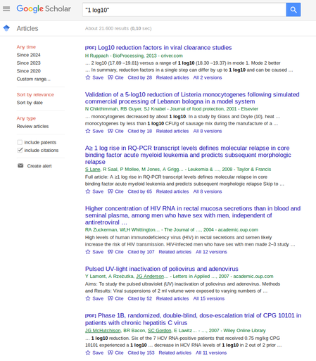Google Scholar result page for the query "1 log10"