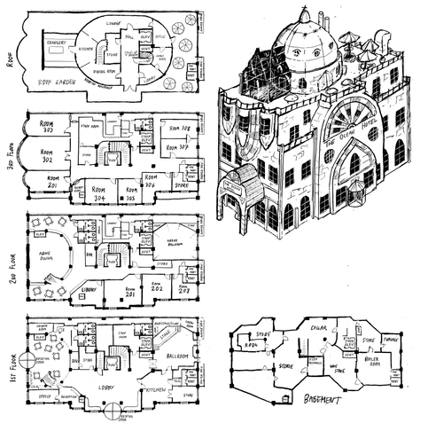 2d map of a hotel and 3d image sketch