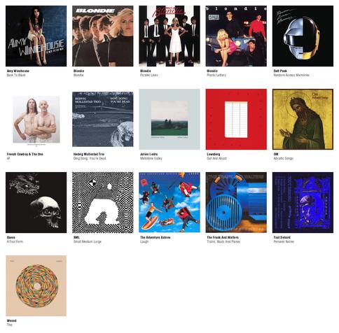 Collage des pochettes des albums de Amy Winehouse (Back To Black), Blondie (Blondie), Blondie (Parallel Lines), Blondie (Plastic Letters), Daft Punk (Random Access Memories), French Cowboy & The One (AF), Hedvig Mollestad Trio (Ding Dong. You're Dead.), Julien Ledru (Mellotone Valley), Lewsberg (Out And About), OM (Advaitic Songs), Osees (A Foul Form), SML (Small Medium Large), The Adventure Babies (Laugh), The Frank And Walters (Trains, Boats And Planes), Tout Debord (Pensées Noires), Weeed (This)