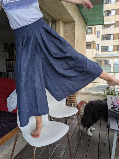 The woman in the hakama is balancing on one leg, the other lifted to show just how wide the hems of the trousers are. She has bare feet with red painted toenails, and is on an apartment balcony. There is a border collie ignoring her antics at bottom right
