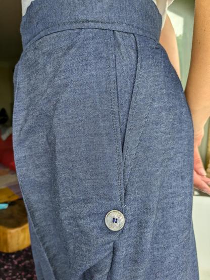 The pocket of the hakama, which replaces a traditional open vent, with a decorative button at the bottom of the pocket seam