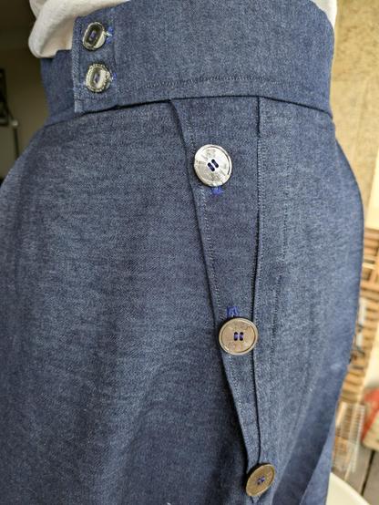 The closure of the hakama, three buttons along the vent, and two smaller buttons on the waistband