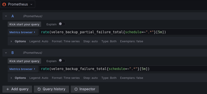 Screenshot of grafana showing the two metrics in a promql query window:

rate(velero_backup_partial_failure_total{schedule=~".*"}[5m])

rate(velero_backup_failure_total{schedule=~".*"}[5m])