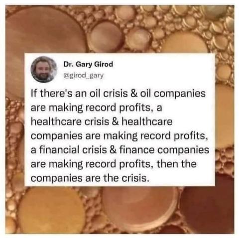 Dr. Gary Girod:

If there's an oil crisis & oil companies are making record profits, a healthcare crisis & healthcare companies are making record profits, a financial crisis & finance companies are making record profits, then the companies are the crisis.