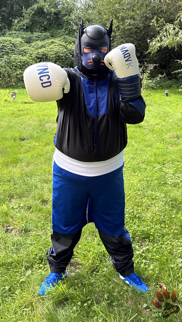 human pup in sweatsuit and boxing gear (boots, trunks and gloves) standing outside in the garden, left hand up, right hand straight to the front like a boxing move
