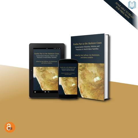 Cover of 'Etosha Pan to the Skeleton Coast' on a 3D image of a tablet, a phone, and a book.