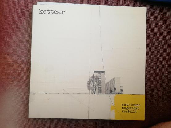 Cover des Albums "Gute Laune ungerecht verteilt" von Kettcar: Auf beigem Untergrund steht in der oberen linken oberen Ecke der Bandname, unten halb rechts ein Bild von 2 Häuserblocks mit einem Baum im Vordergrund. In der rechten unteren Ecke der Albumtitel. Typo: Schreibmaschinenlayout