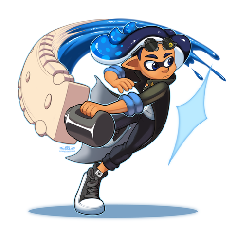 An illustration of a male blue Inkling wielding an Order Splatana Replica.