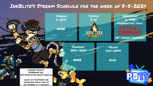 Ink's stream schedule for the week.  He is tripping over his own VR gear while a plushie dutch angel dragon tries to stop him.  A plush manokit is holding up a charity sign for Papabarks.