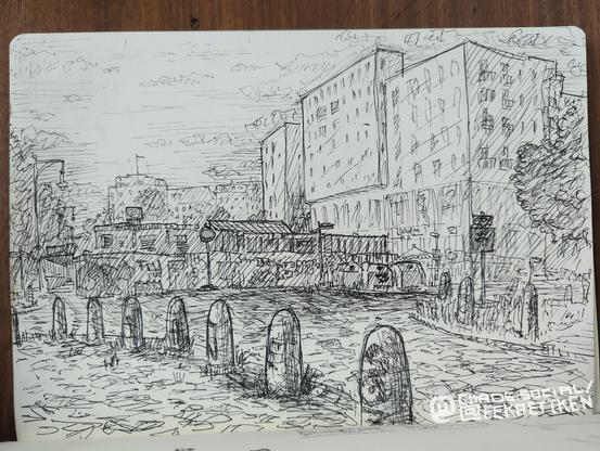 Black ink on paper

Urban Landscape. In the foreground, a sidewalk bordered by several stone bollards with letters on them. The street to the right of the viewer meets another street in front of the viewer. On the other side of the street are bottle containers, behind which is a long construction fence full of graffiti. Trees to the left. In the background and to the right of the fence are large apartment blocks. Various signs, street lamps and trees are scattered throughout the picture. Clouds in the sky.