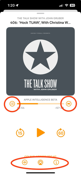 Screenshot of the latest version of overcast app with some buttons circled