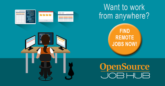 (person sitting at a computer with 3 screens with a cat sitting on the floor) Want to work from anywhere? Find remote jobs now -- Open Source JobHub