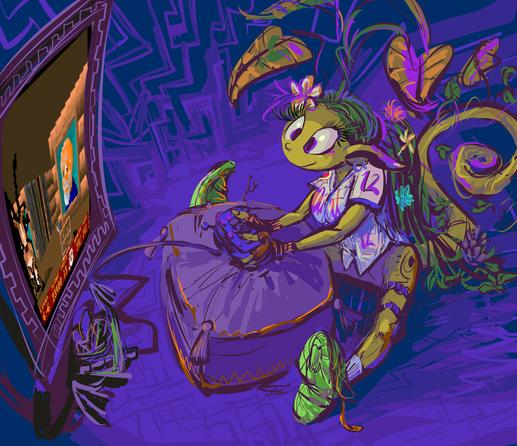 pantsless plantoid person sitting stupidly with legs on either side of a footrest being used as an arm rest, holding a video game controller, in front of a television machine seemingly showing the video game "super 3d noah's ark"