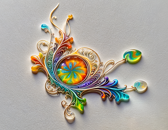 Close up of glass and wire style object with intricate organic patterns of vibrant gradient colors on a neutral background.