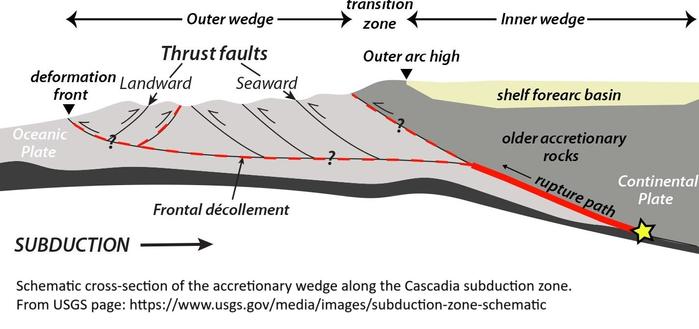 schematic - USGS geologic cross-section - Cascadia Subduction Zone shows the ocean floor plate (light grey) moving under the North American continental plate, along with other features.