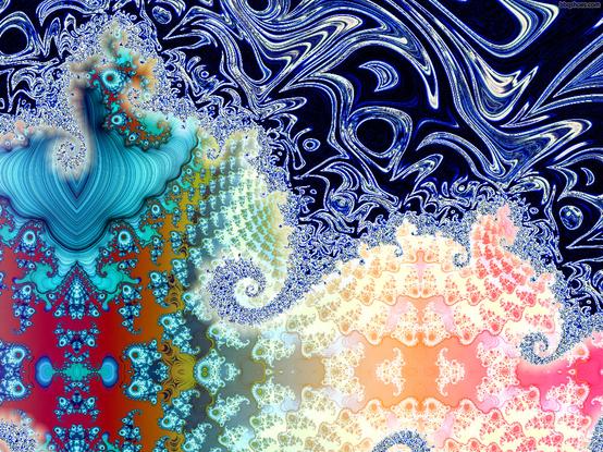 Fractal spiral with glowing lines over an organic patterned background of fractal blobs over red, yellow and pink