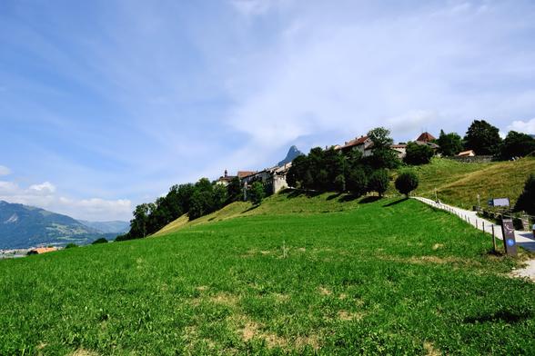 This photo shows a vibrant green field with a path leading up to the charming hillside village of Gruyères. The village, perched atop the hill, overlooks a scenic landscape of rolling hills and distant mountains, set against a clear blue sky.