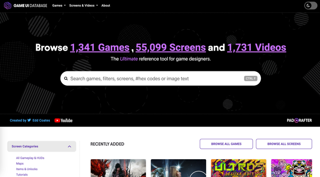 Screenshot of the start page of the Game UI database, showing a search field over 1,341 games and some screenshots of recently added games.